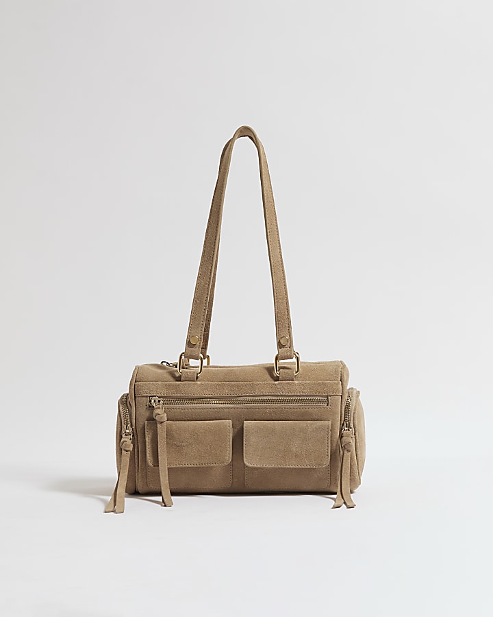 Beige Suede Utility Shoulder Bag