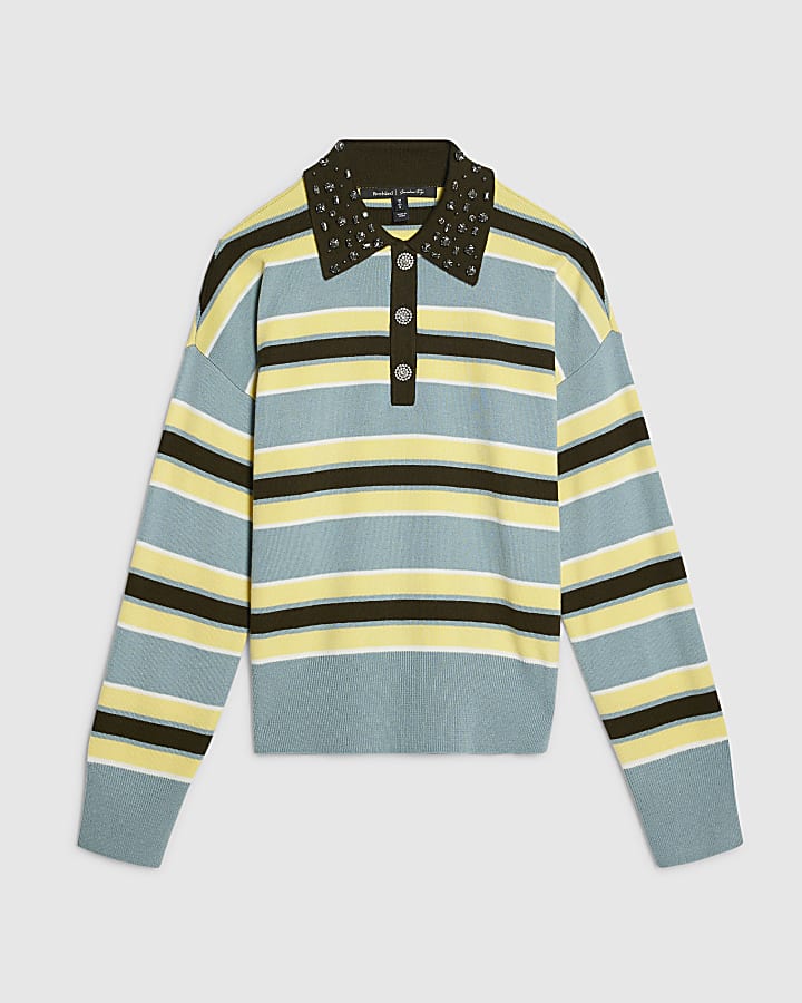 Blue Stripe Embellished Knit Polo Shirt