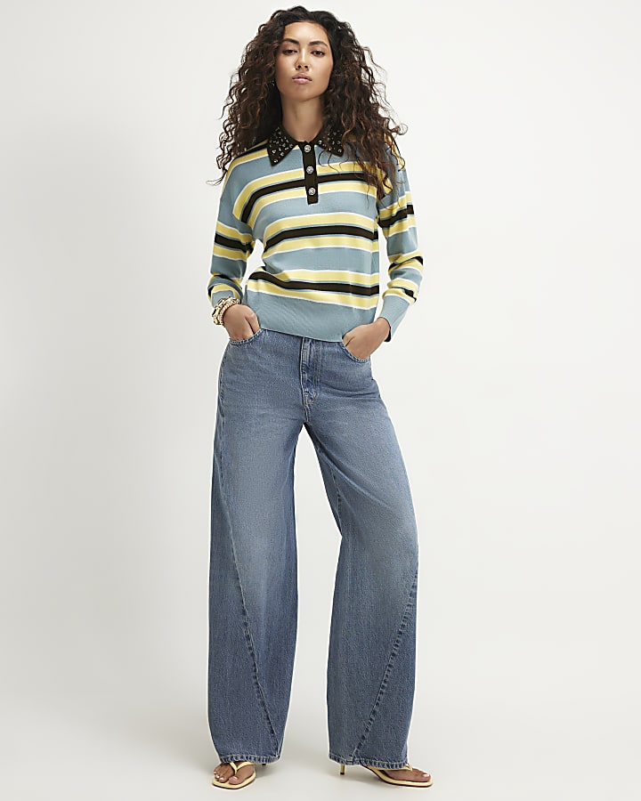 Blue Stripe Embellished Knit Polo Shirt