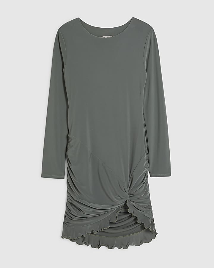 Khaki Ruffle Split Mini Dress