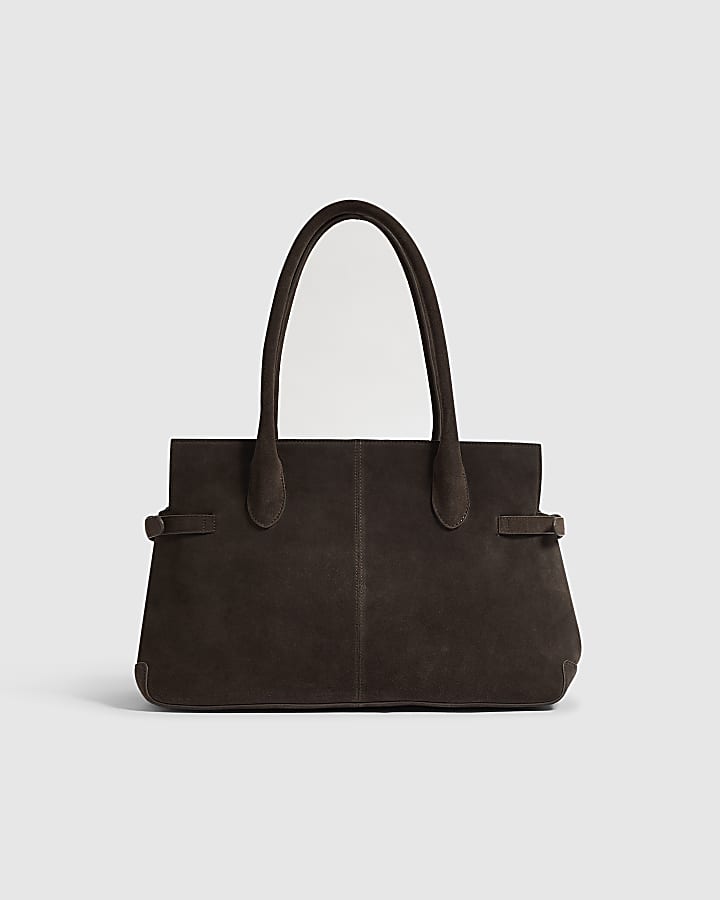 Brown Suede Buckle Side Tote Bag
