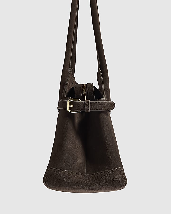 Brown Suede Buckle Side Tote Bag