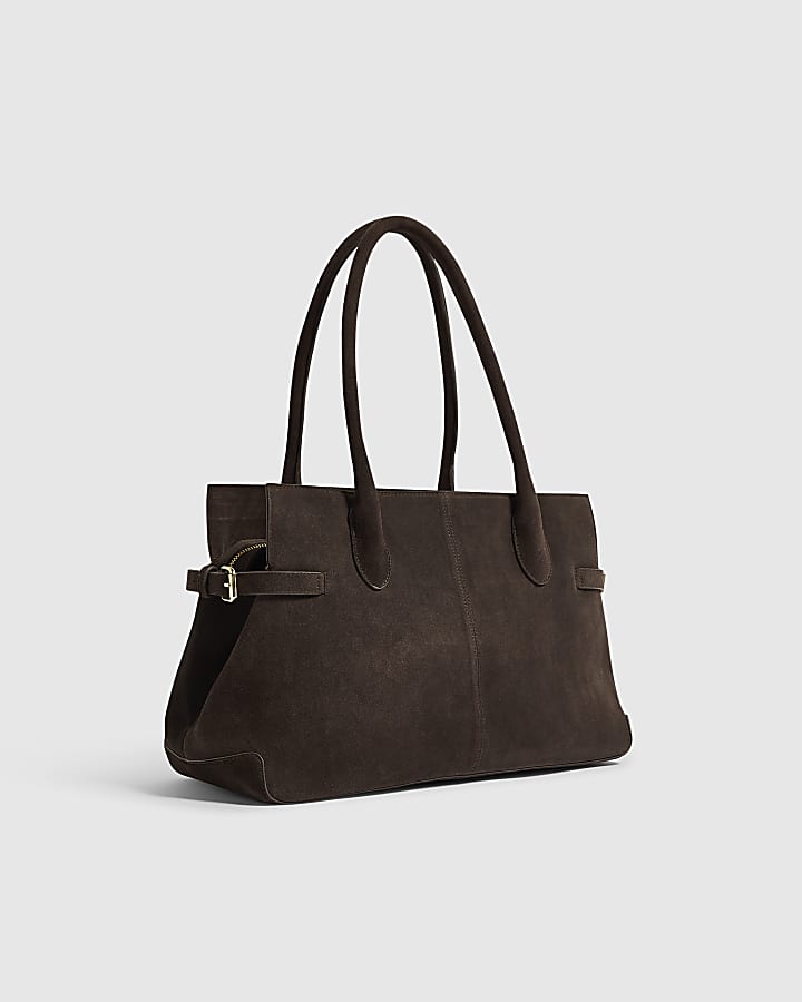 Brown Suede Buckle Side Tote Bag