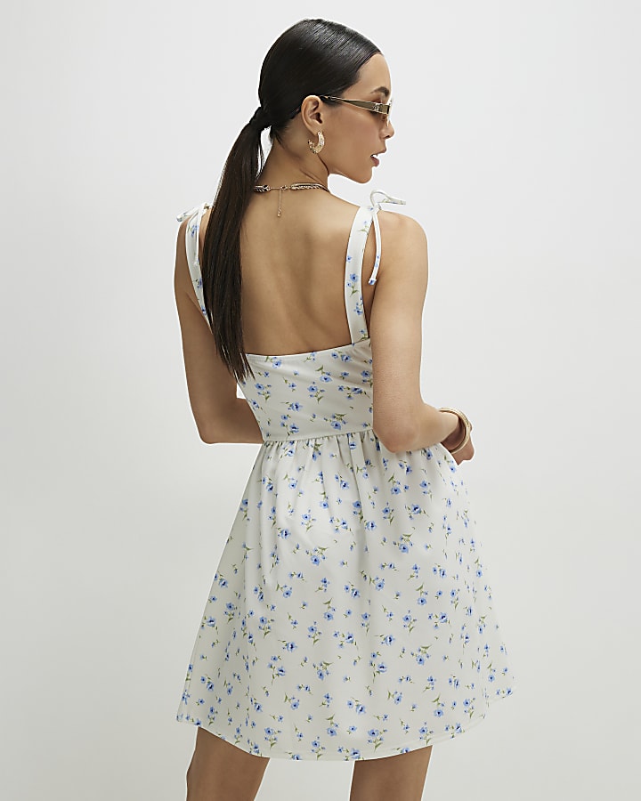 White Floral Tie Shoulder Corset Mini Dress