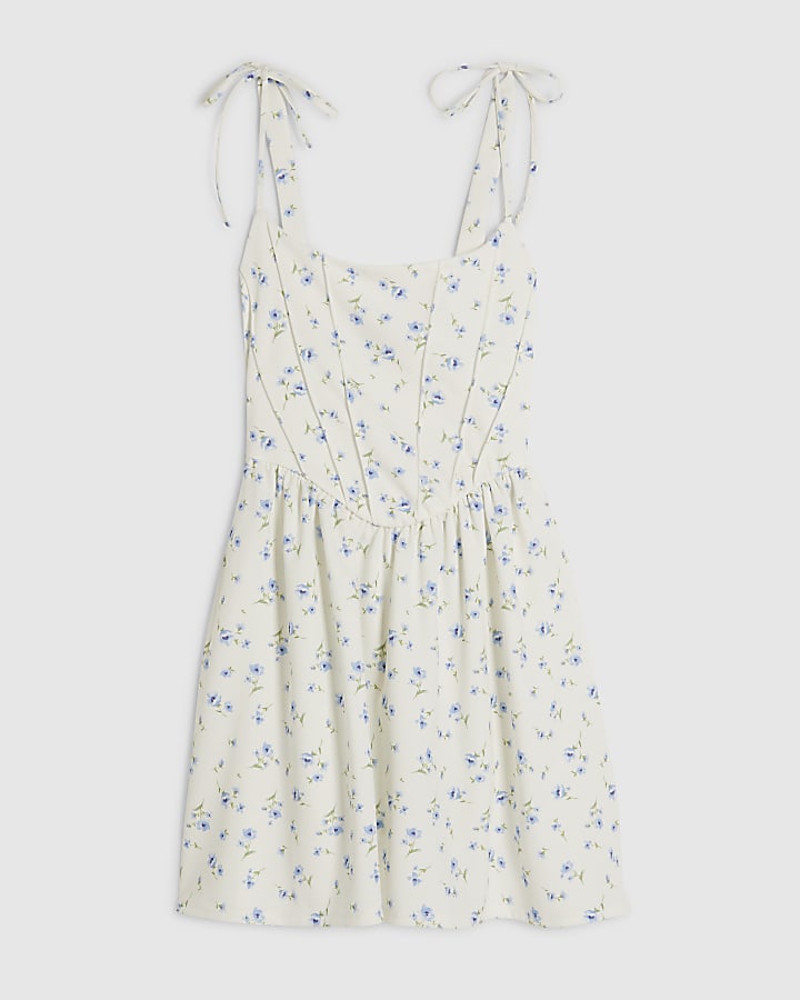 White Floral Tie Shoulder Corset Mini Dress