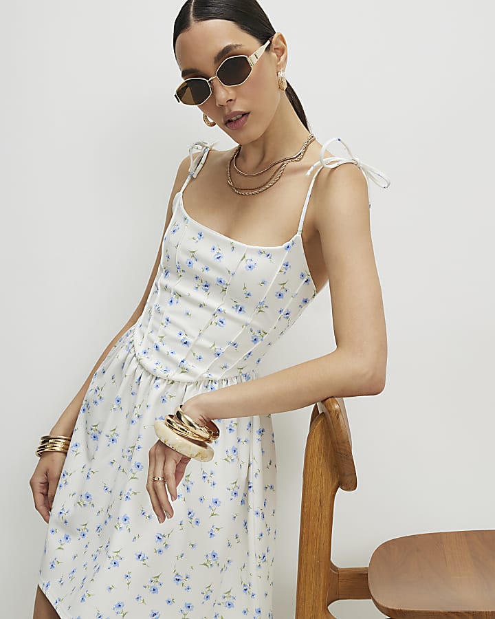 White Floral Tie Shoulder Corset Mini Dress