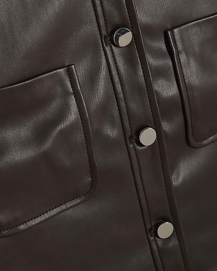 Brown Faux Leather Frill Hem Top