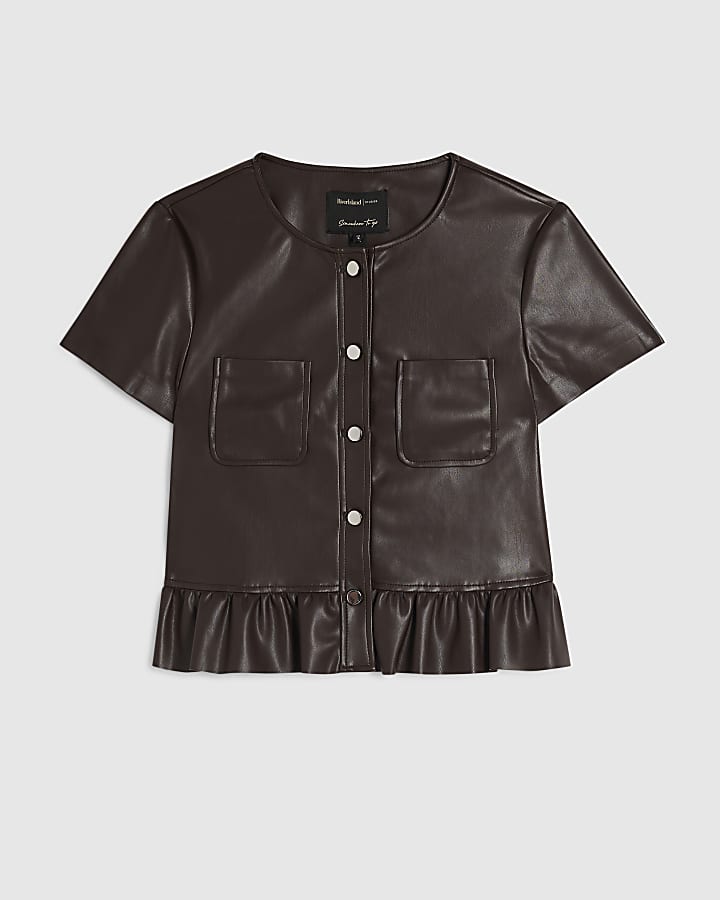 Brown Faux Leather Frill Hem Top