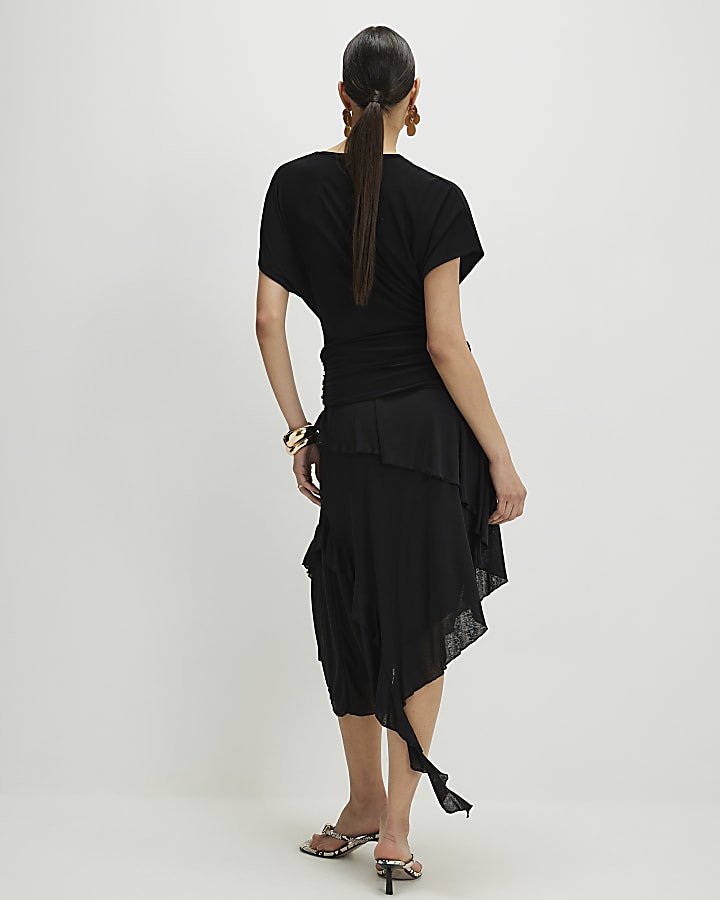 Black Hybrid T-Shirt Ruffle Midi Dress