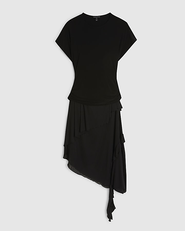 Black Hybrid T-Shirt Ruffle Midi Dress