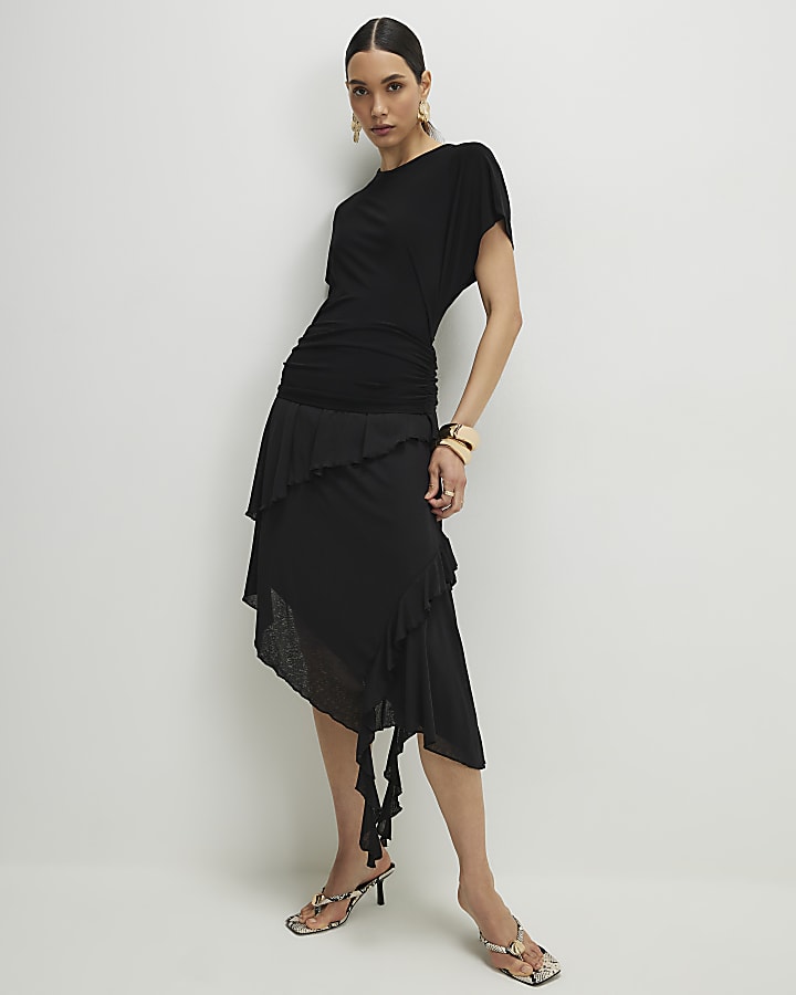Black Hybrid T-Shirt Ruffle Midi Dress