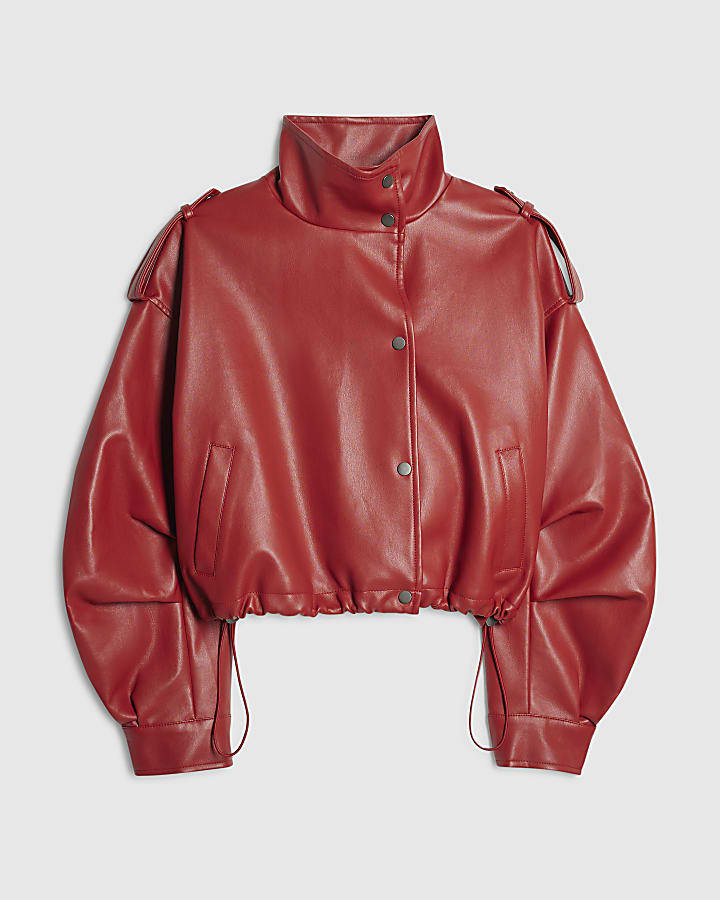 Red Funnel Ruched Sleeve Bomber Jacket