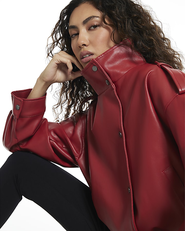 Red Funnel Ruched Sleeve Bomber Jacket