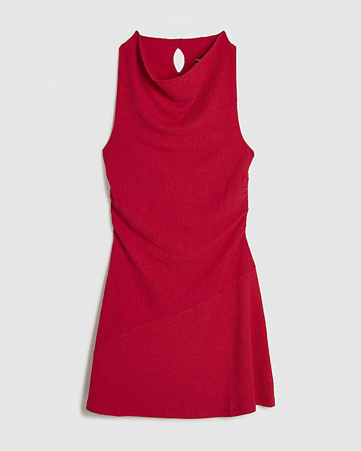 Red Halter Neck Textured Mini Dress