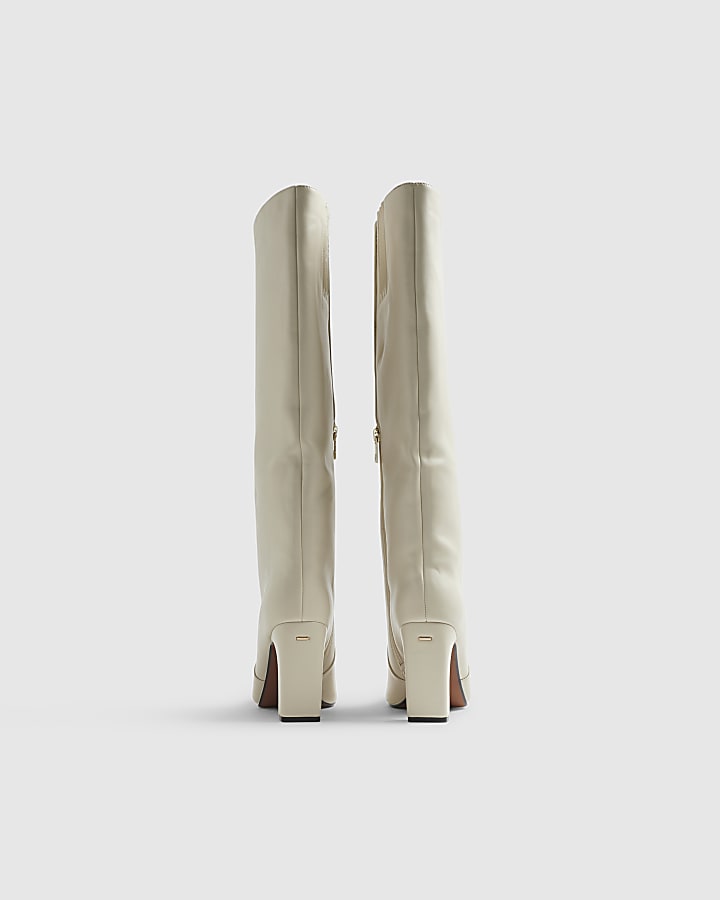Cream High Leg Heeled Boots
