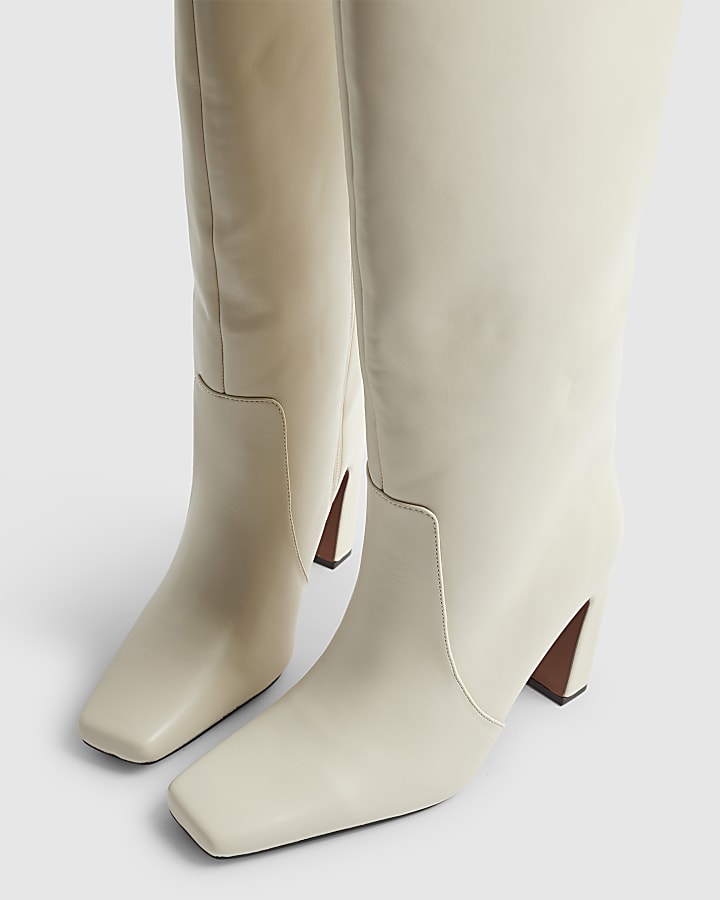 Cream High Leg Heeled Boots