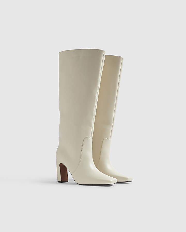 Cream High Leg Heeled Boots