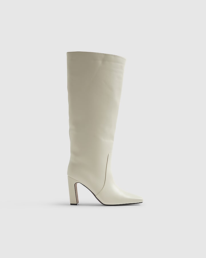 Cream High Leg Heeled Boots