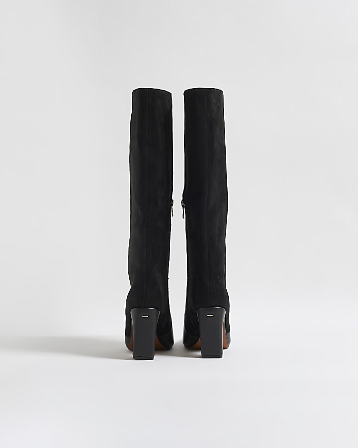 Black Faux Suede Block Heel Knee High Boots