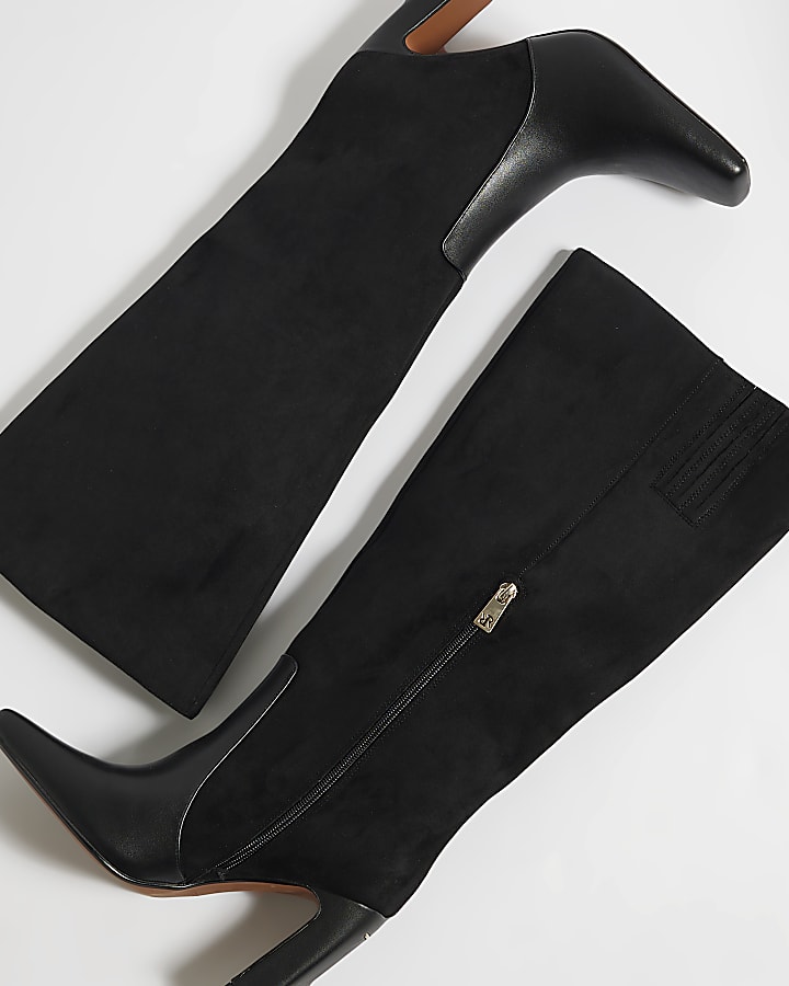 Black Faux Suede Block Heel Knee High Boots