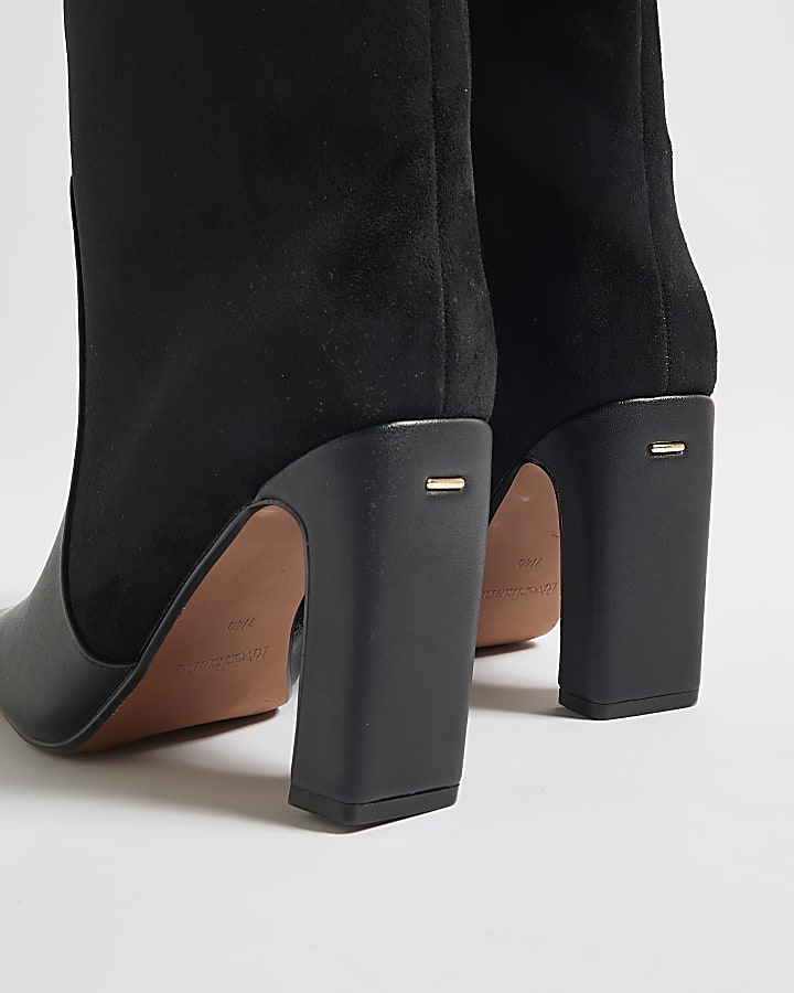 Black Faux Suede Block Heel Knee High Boots