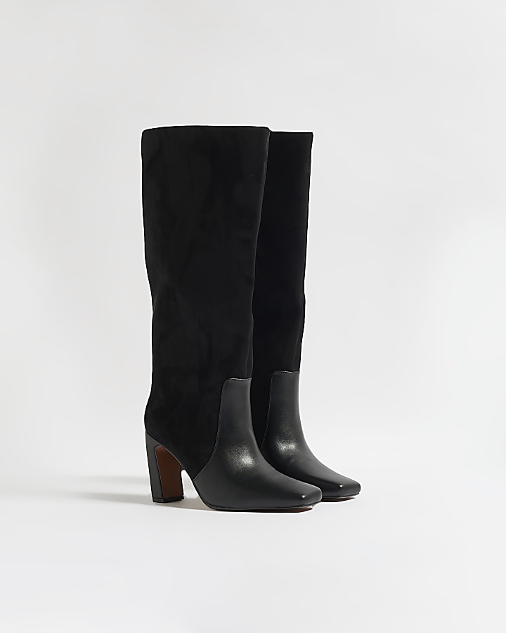 Black Faux Suede Block Heel Knee High Boots