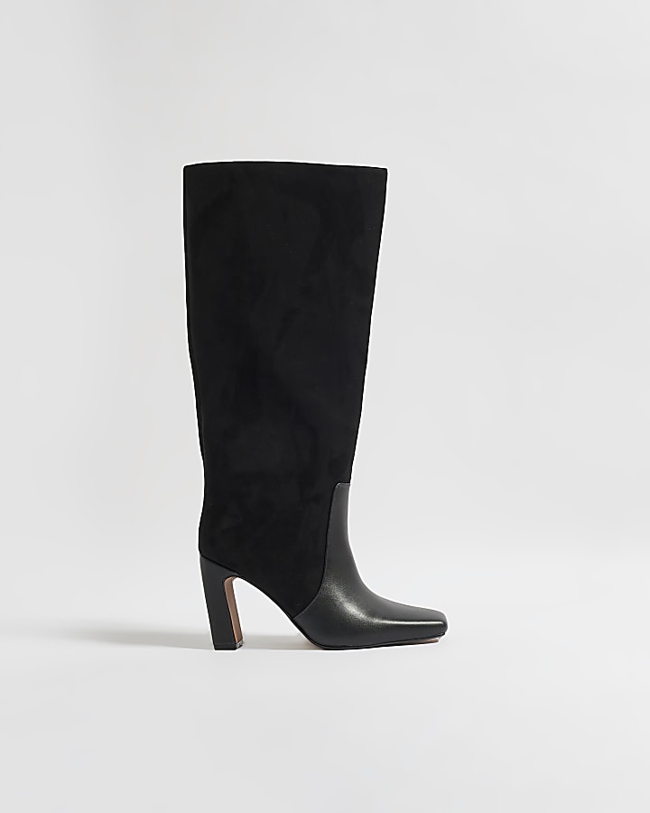 Black Faux Suede Block Heel Knee High Boots
