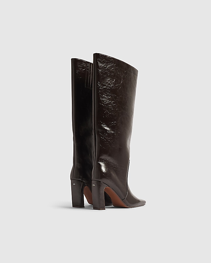 Brown Faux Leather High Leg Heeled Boots