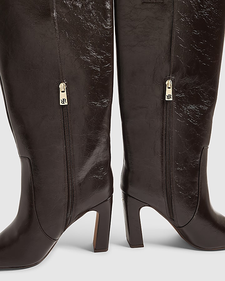 Brown Faux Leather High Leg Heeled Boots