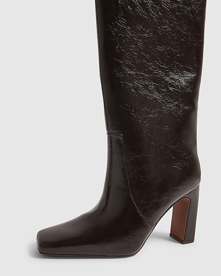 Brown Faux Leather High Leg Heeled Boots