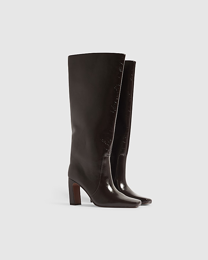 Brown Faux Leather High Leg Heeled Boots