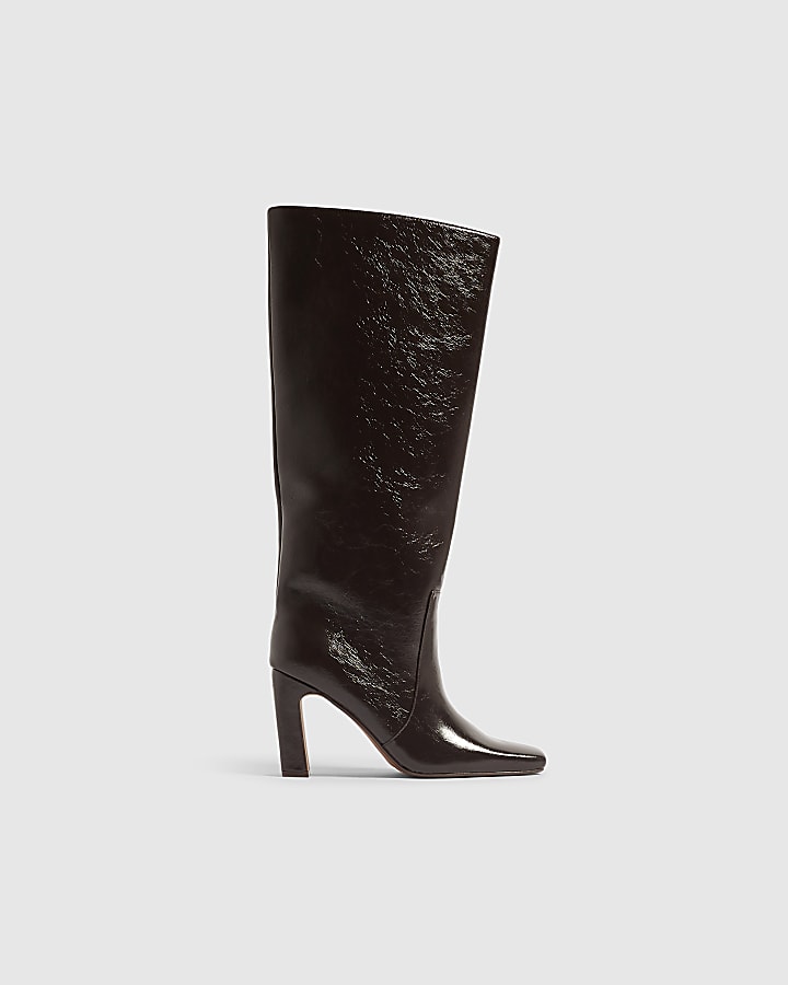 Brown Faux Leather High Leg Heeled Boots
