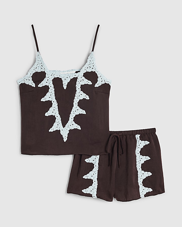 Brown Lace Trim Shorts Pyjama Set