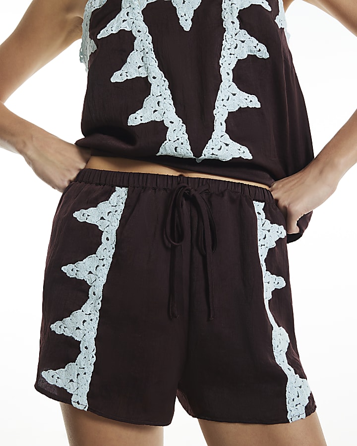 Brown Lace Trim Shorts Pyjama Set