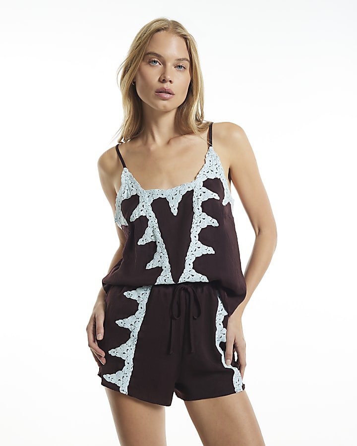 Brown Lace Trim Shorts Pyjama Set