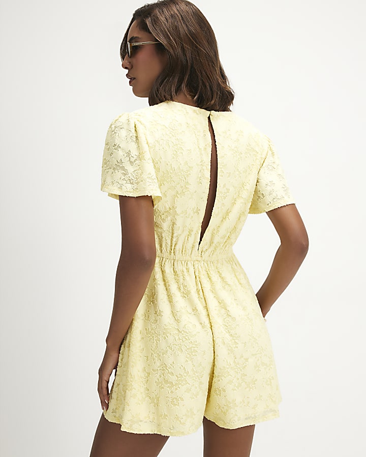 Yellow Short Sleeve Floral Burnout Playsuit