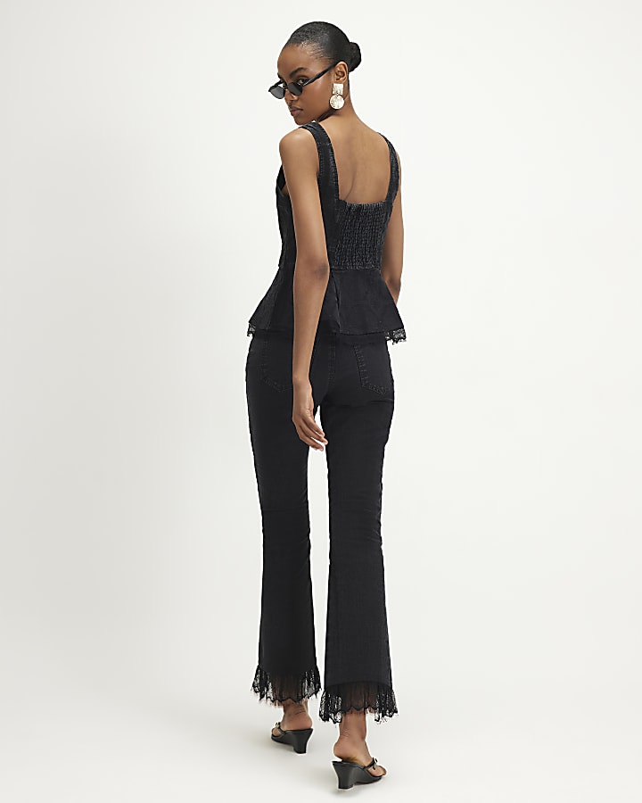 Black Embroidered Lace Trim Kick Flare Jeans