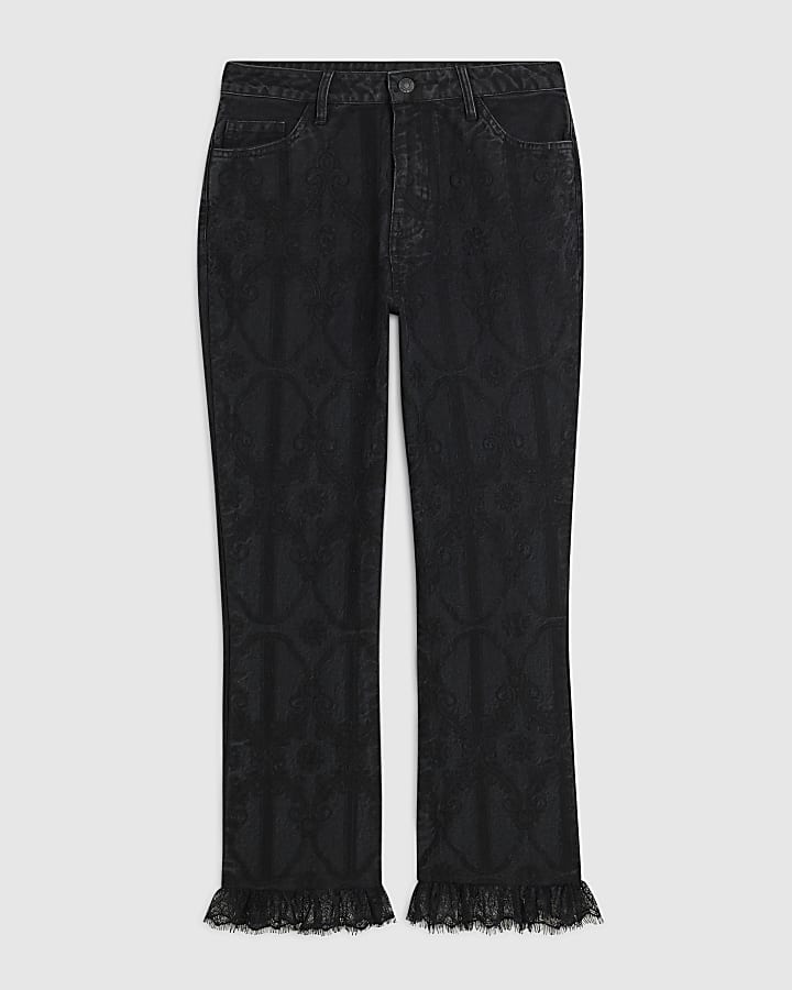 Black Embroidered Lace Trim Kick Flare Jeans