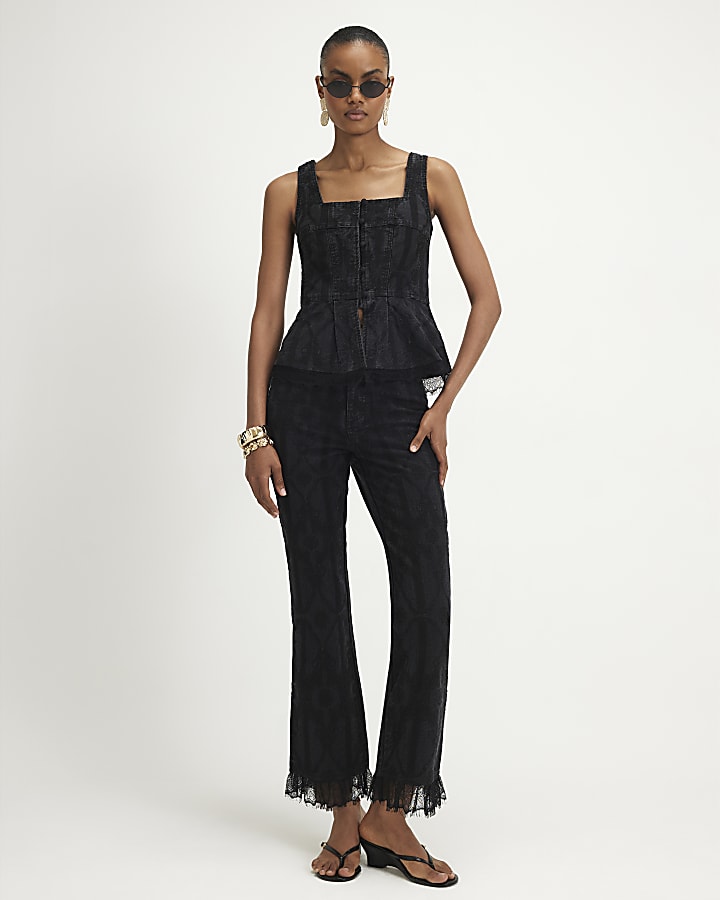 Black Embroidered Lace Trim Kick Flare Jeans
