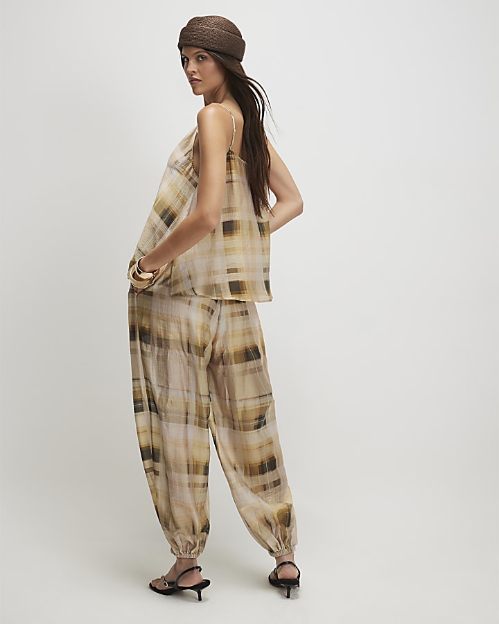 Cream Muted Check Cuffed Trousers