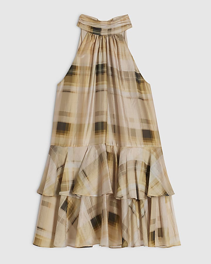 Cream Muted Check Print Mini Swing Dress