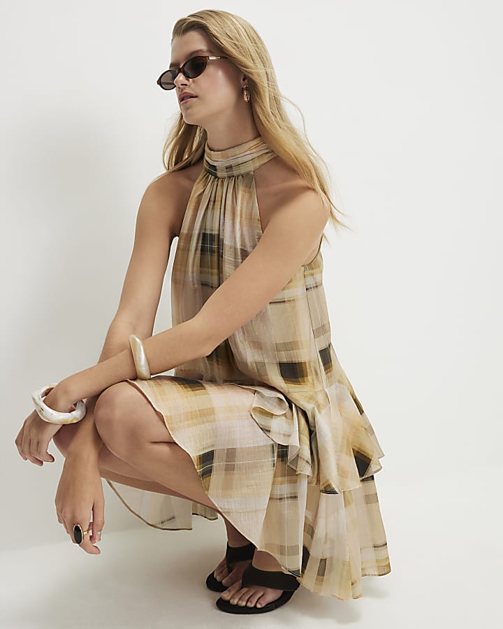 Cream Muted Check Print Mini Swing Dress