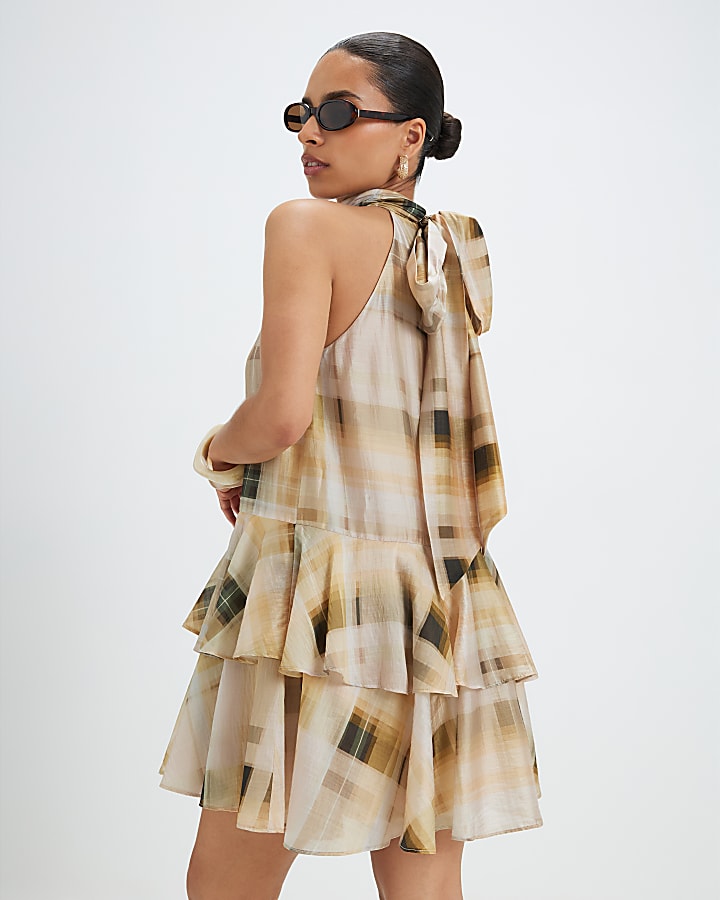 Petite Cream Muted Check Halter Swing Dress