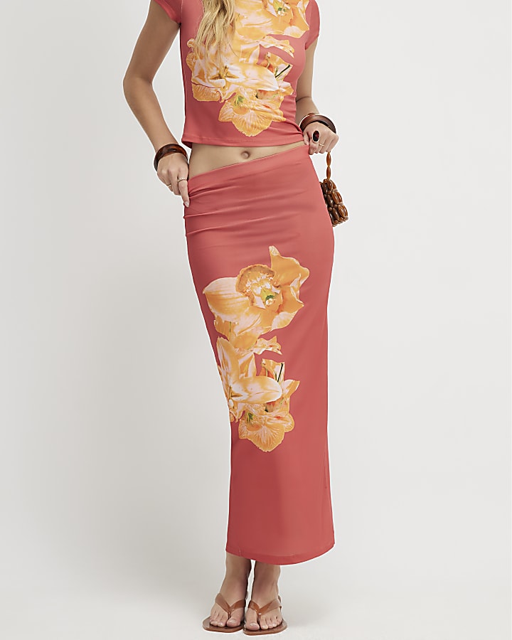 Orange Floral Maxi Skirt