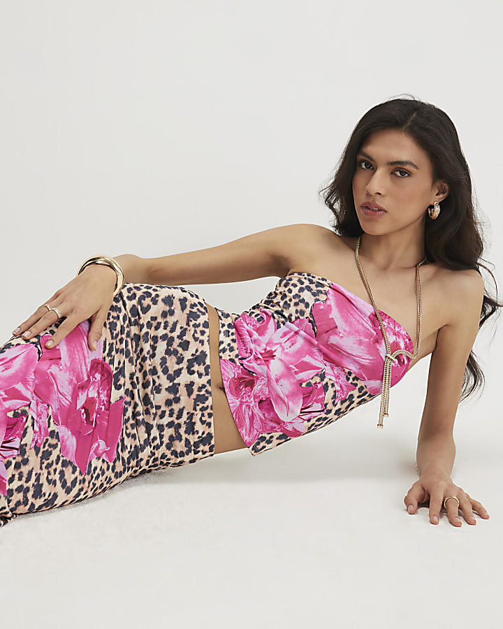 Brown Leopard Floral Bandeau Top