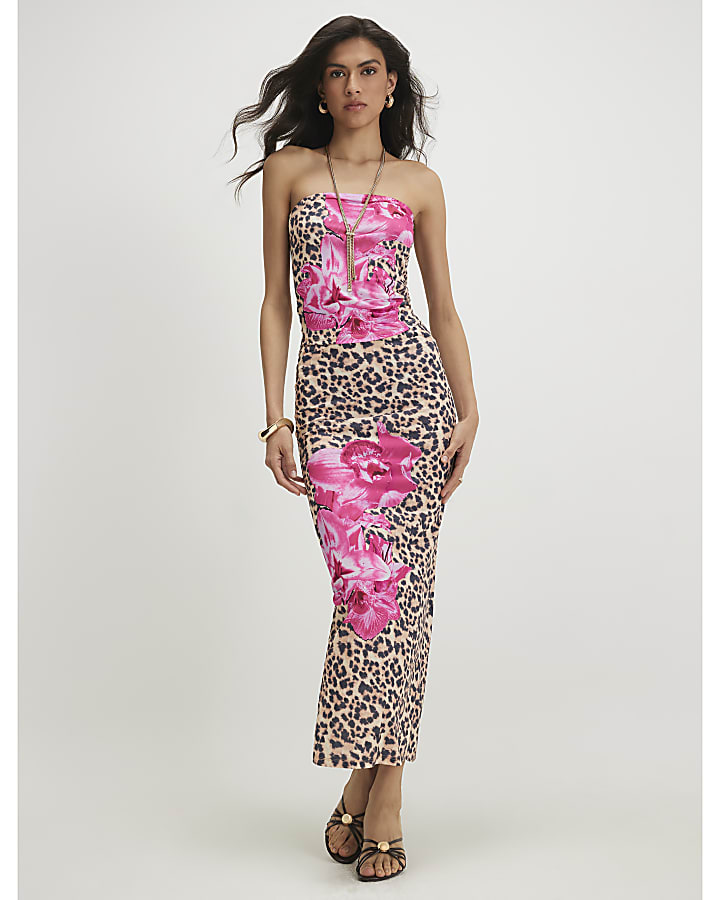 Brown Leopard Floral Bandeau Top