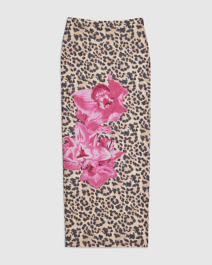 Brown Leopard Floral Maxi Skirt