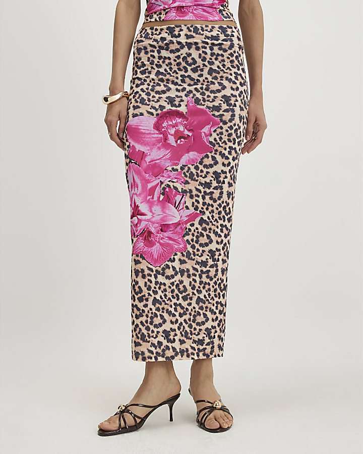 Brown Leopard Floral Maxi Skirt