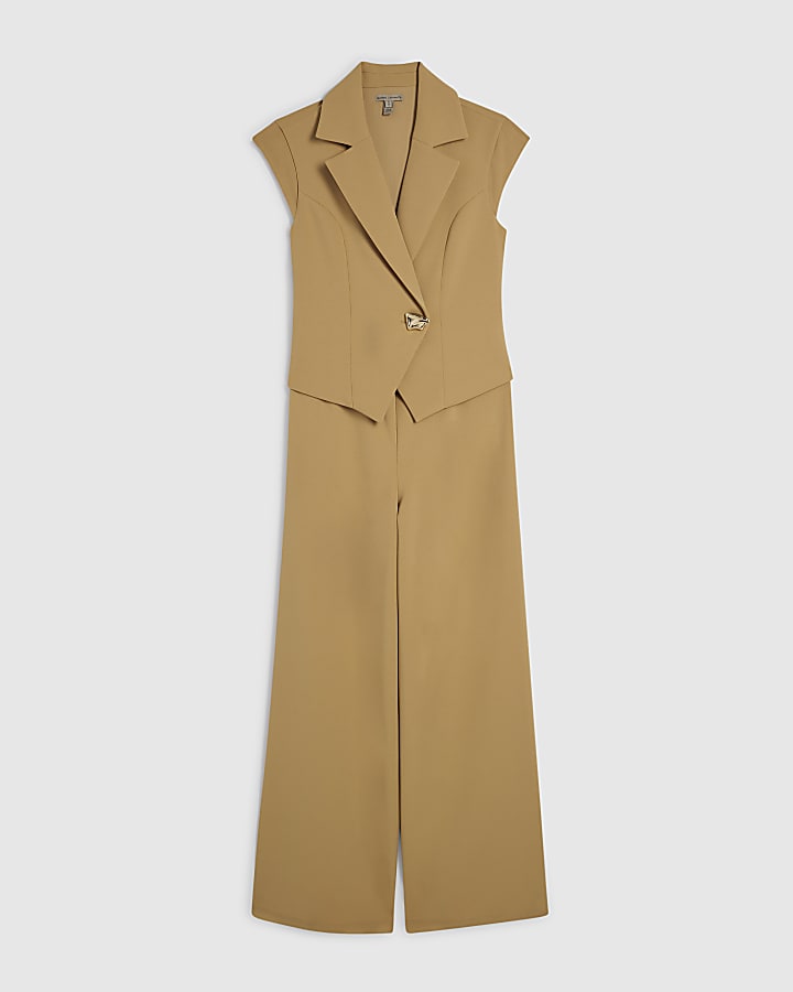 Beige Cap Sleeve Waistcoat Jumpsuit