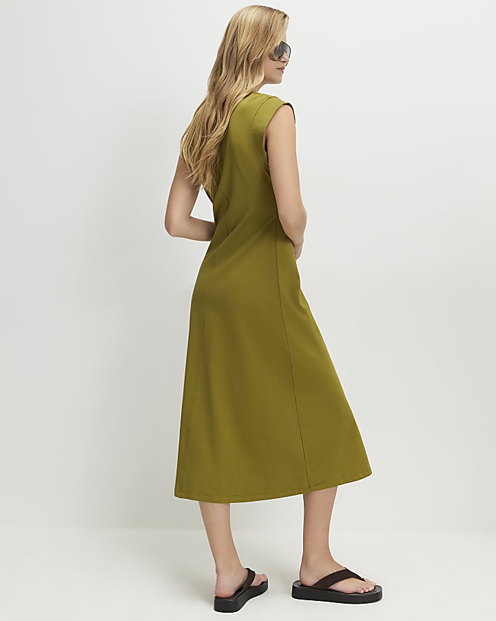 Green Cotton Blend Midi T-shirt Dress